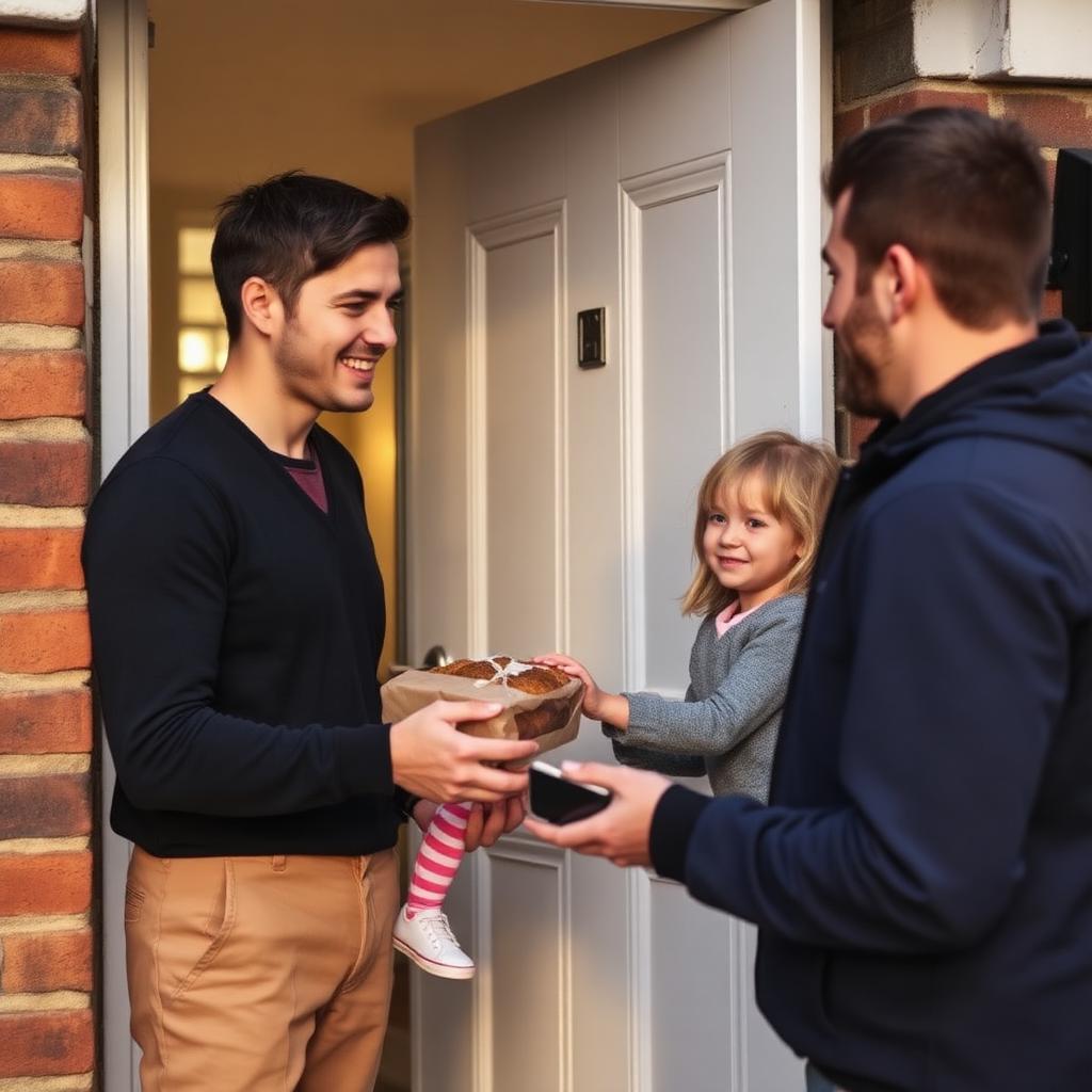 A neighbour delivering a homemade cake to a young family